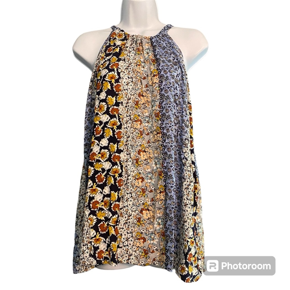 NWT Bibi Blue Multi Floral Tie Back Flowy Halter Tank Top Sz Small